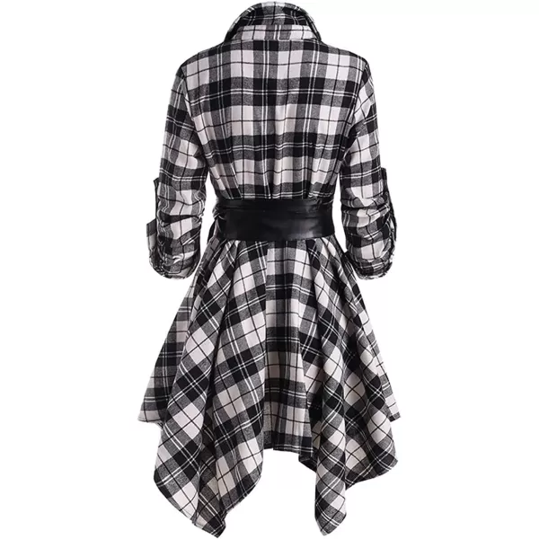 imagechouyatou Womens RollUp Sleeve Removable Belt Handkerchief Hem Midi Plaid Shirt DressBlack