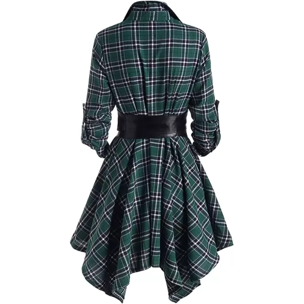 imagechouyatou Womens RollUp Sleeve Removable Belt Handkerchief Hem Midi Plaid Shirt DressGreen
