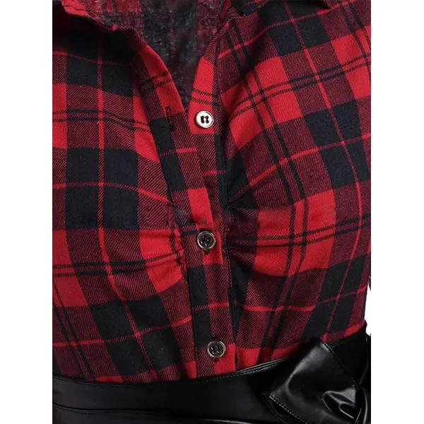 imagechouyatou Womens RollUp Sleeve Removable Belt Handkerchief Hem Midi Plaid Shirt DressRed