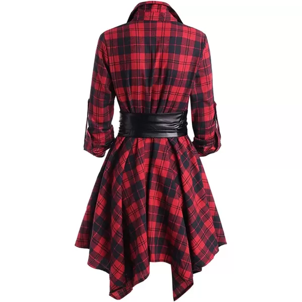 imagechouyatou Womens RollUp Sleeve Removable Belt Handkerchief Hem Midi Plaid Shirt DressRed