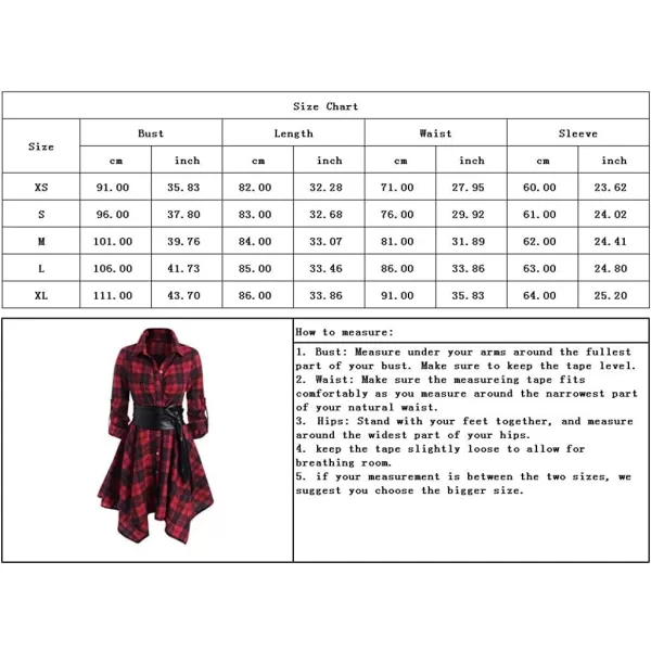imagechouyatou Womens RollUp Sleeve Removable Belt Handkerchief Hem Midi Plaid Shirt DressRed