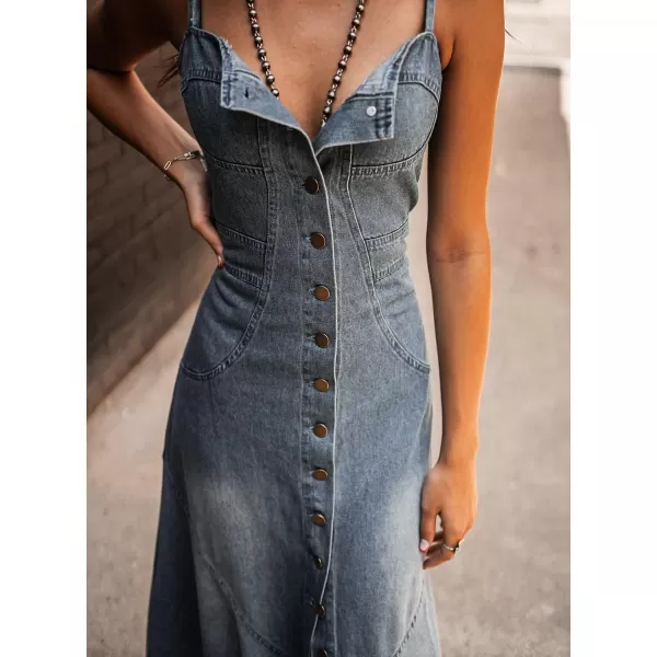 imagechouyatou Womens Spaghetti Strap Smocked Back Denim Dress Button Down ALine Swing Flowy Maxi Jean DressBlue