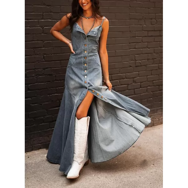 imagechouyatou Womens Spaghetti Strap Smocked Back Denim Dress Button Down ALine Swing Flowy Maxi Jean DressBlue