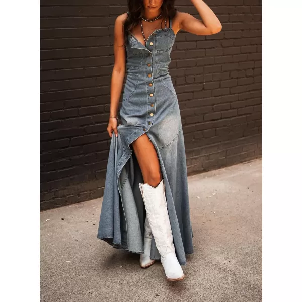 imagechouyatou Womens Spaghetti Strap Smocked Back Denim Dress Button Down ALine Swing Flowy Maxi Jean DressBlue