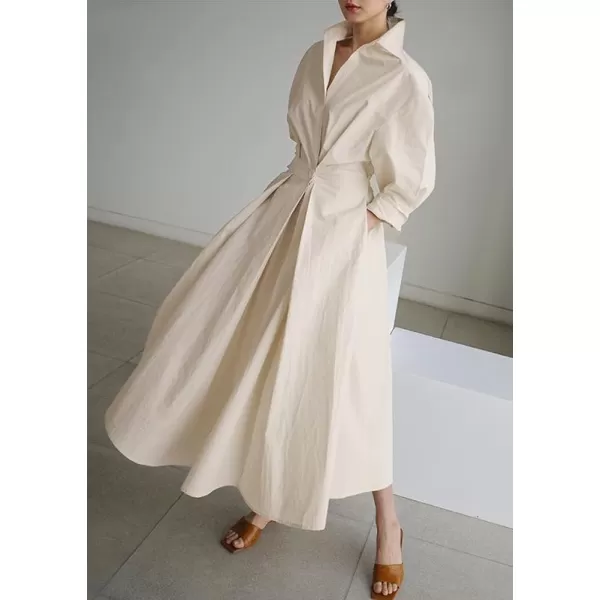 imagechouyatou Womens Spring Elegant Tunic Dress Long Sleeve Button Down Loose Maxi Dress SundressBeige