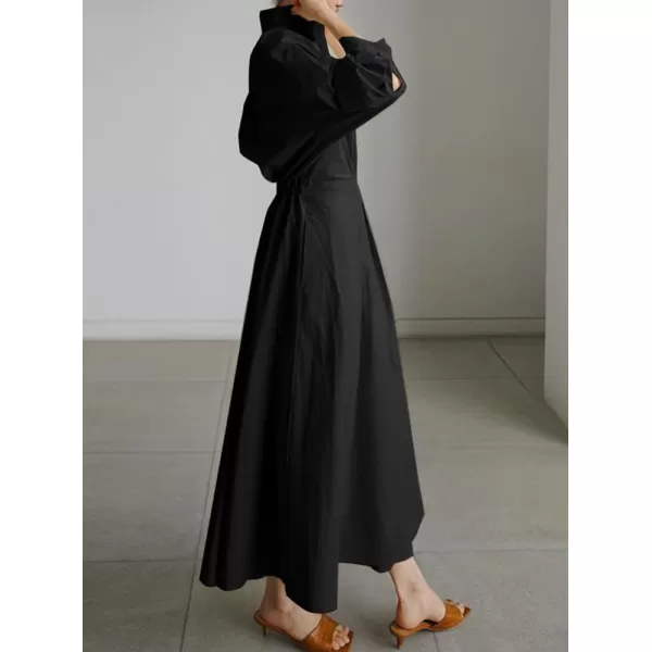 imagechouyatou Womens Spring Elegant Tunic Dress Long Sleeve Button Down Loose Maxi Dress SundressBlack