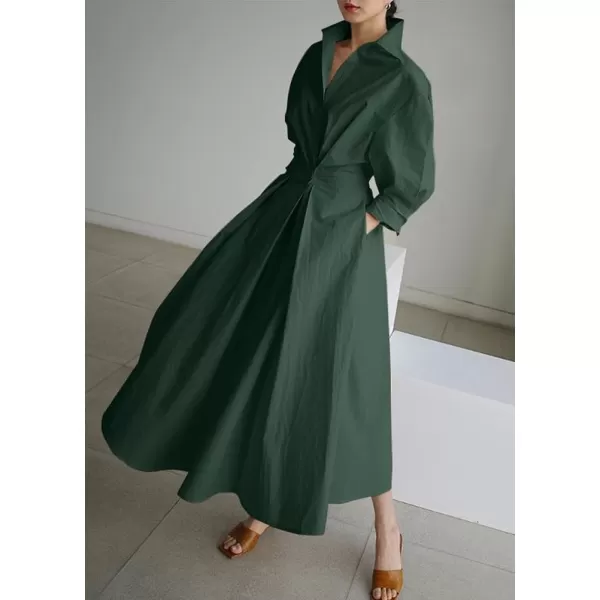 imagechouyatou Womens Spring Elegant Tunic Dress Long Sleeve Button Down Loose Maxi Dress SundressGreen
