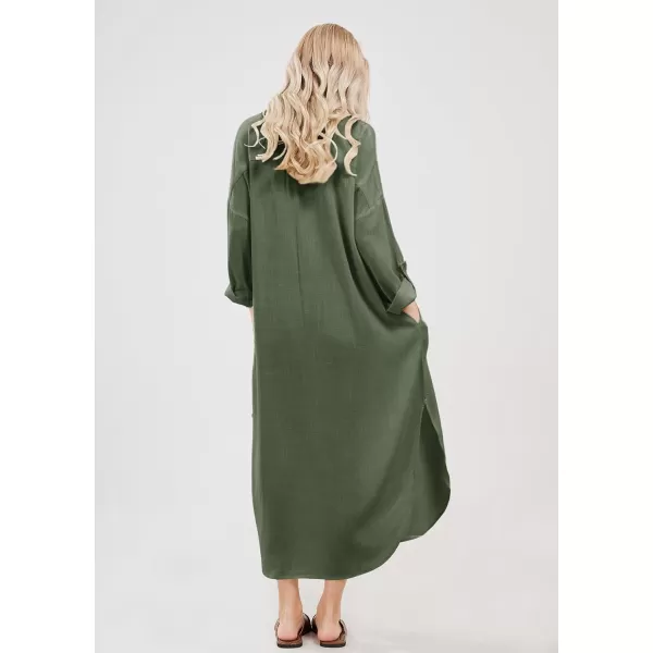 imagechouyatou Womens Spring Summer Cotton Linen Shirt Dress Button Down Casual Loose Maxi Shift DressArmy Green