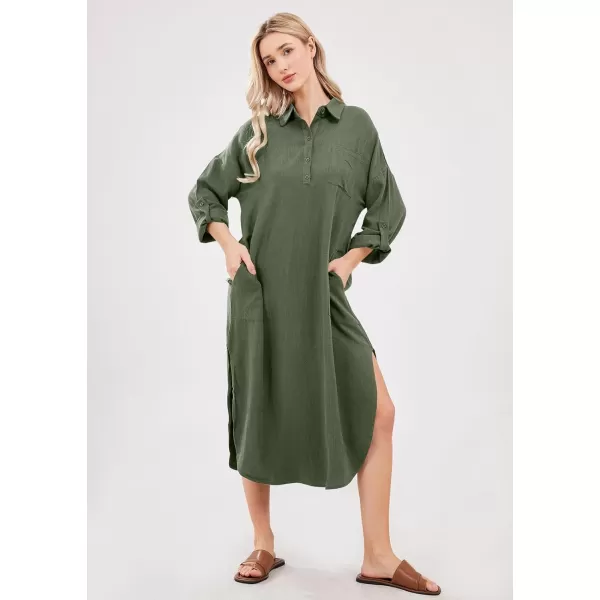 imagechouyatou Womens Spring Summer Cotton Linen Shirt Dress Button Down Casual Loose Maxi Shift DressArmy Green