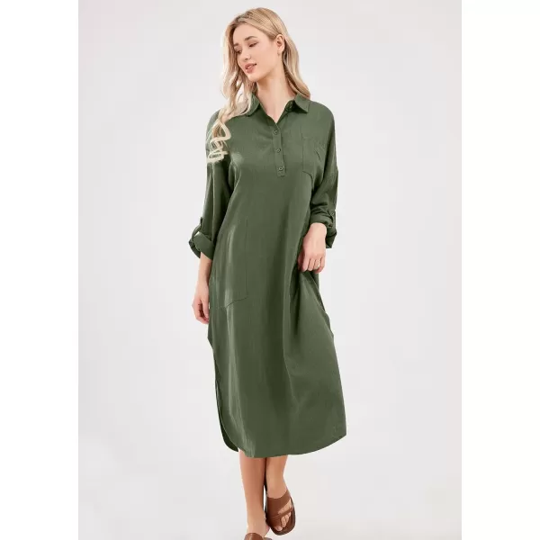 imagechouyatou Womens Spring Summer Cotton Linen Shirt Dress Button Down Casual Loose Maxi Shift DressArmy Green