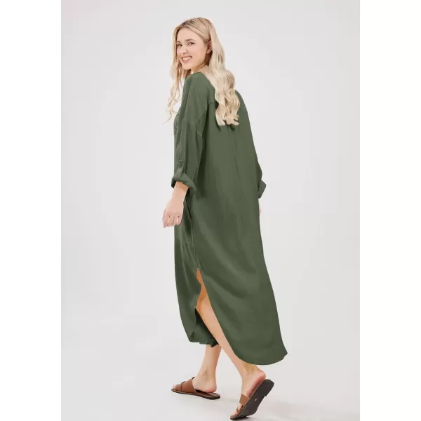 imagechouyatou Womens Spring Summer Cotton Linen Shirt Dress Button Down Casual Loose Maxi Shift DressArmy Green