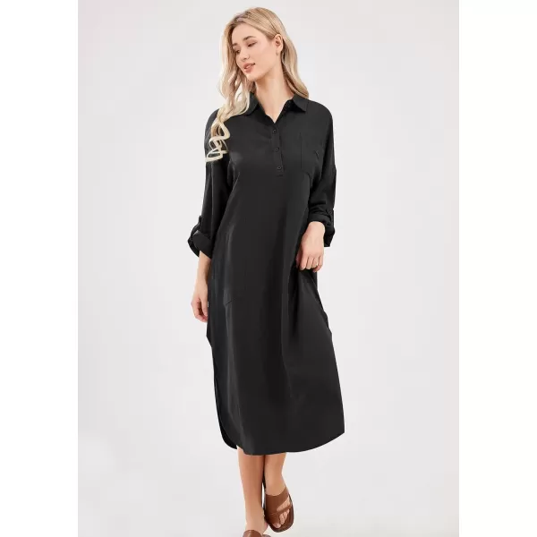 imagechouyatou Womens Spring Summer Cotton Linen Shirt Dress Button Down Casual Loose Maxi Shift DressBlack