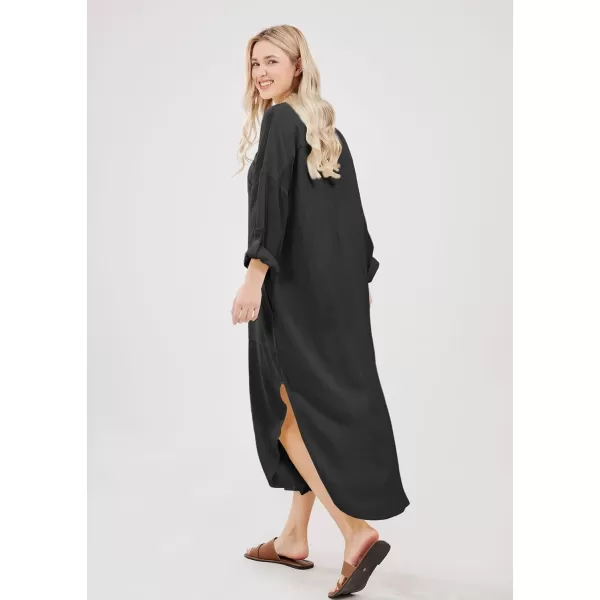 imagechouyatou Womens Spring Summer Cotton Linen Shirt Dress Button Down Casual Loose Maxi Shift DressBlack