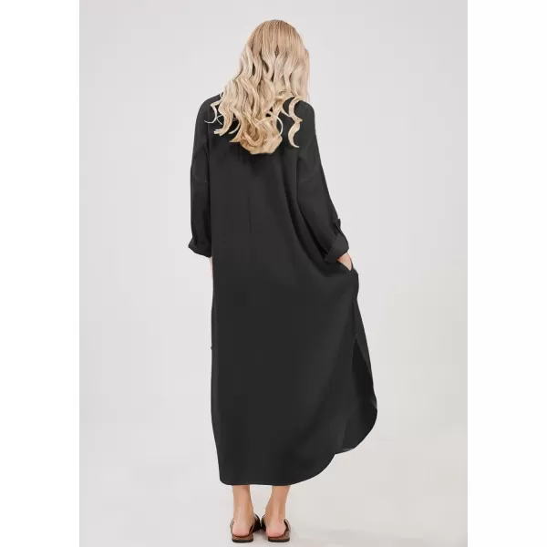 imagechouyatou Womens Spring Summer Cotton Linen Shirt Dress Button Down Casual Loose Maxi Shift DressBlack