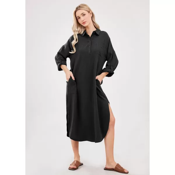 imagechouyatou Womens Spring Summer Cotton Linen Shirt Dress Button Down Casual Loose Maxi Shift DressBlack