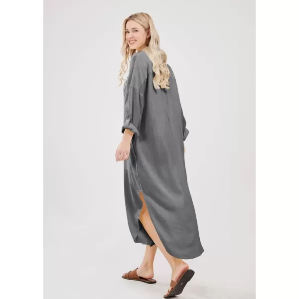 imagechouyatou Womens Spring Summer Cotton Linen Shirt Dress Button Down Casual Loose Maxi Shift DressDark Grey