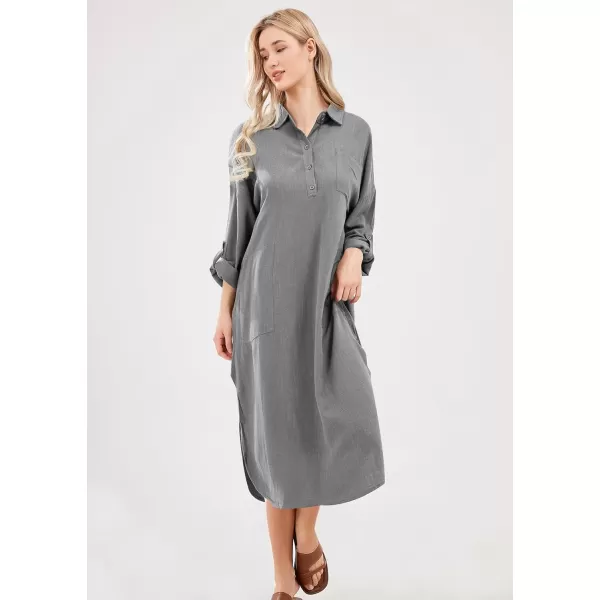 imagechouyatou Womens Spring Summer Cotton Linen Shirt Dress Button Down Casual Loose Maxi Shift DressDark Grey