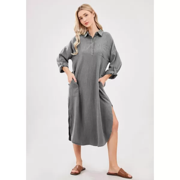 imagechouyatou Womens Spring Summer Cotton Linen Shirt Dress Button Down Casual Loose Maxi Shift DressDark Grey