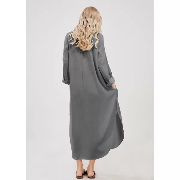 imagechouyatou Womens Spring Summer Cotton Linen Shirt Dress Button Down Casual Loose Maxi Shift DressDark Grey