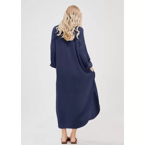 imagechouyatou Womens Spring Summer Cotton Linen Shirt Dress Button Down Casual Loose Maxi Shift DressNavy Blue