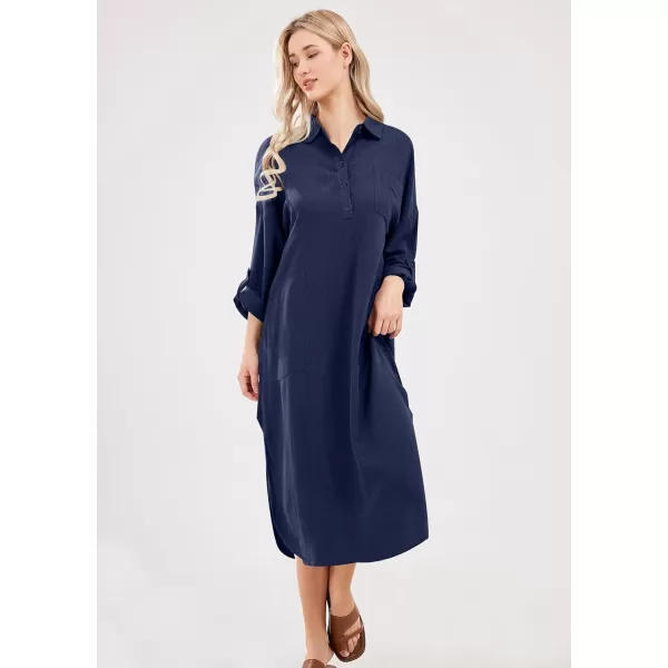 imagechouyatou Womens Spring Summer Cotton Linen Shirt Dress Button Down Casual Loose Maxi Shift DressNavy Blue