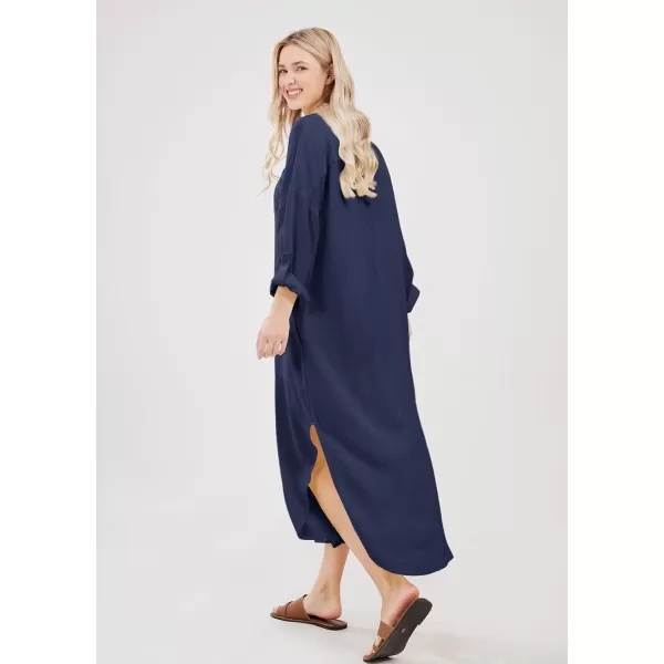 imagechouyatou Womens Spring Summer Cotton Linen Shirt Dress Button Down Casual Loose Maxi Shift DressNavy Blue