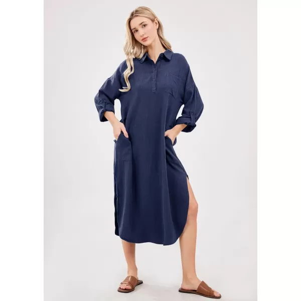imagechouyatou Womens Spring Summer Cotton Linen Shirt Dress Button Down Casual Loose Maxi Shift DressNavy Blue