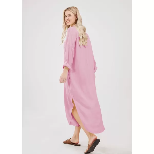 imagechouyatou Womens Spring Summer Cotton Linen Shirt Dress Button Down Casual Loose Maxi Shift DressPink