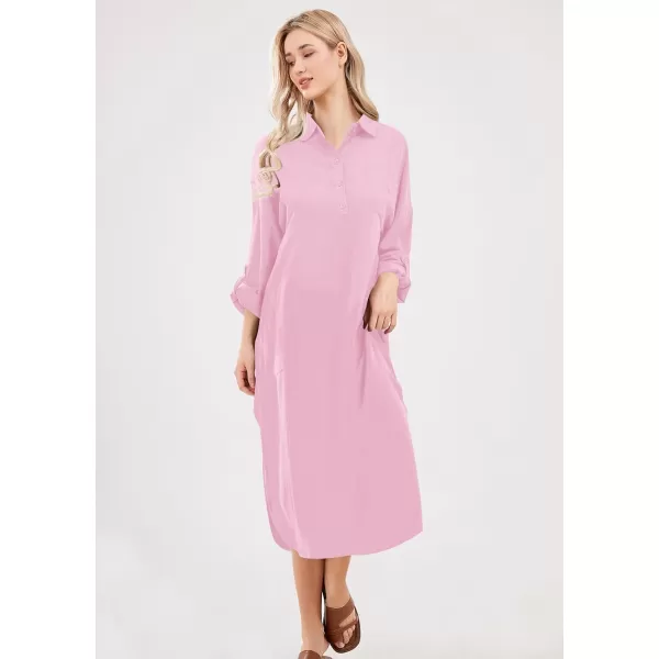 imagechouyatou Womens Spring Summer Cotton Linen Shirt Dress Button Down Casual Loose Maxi Shift DressPink