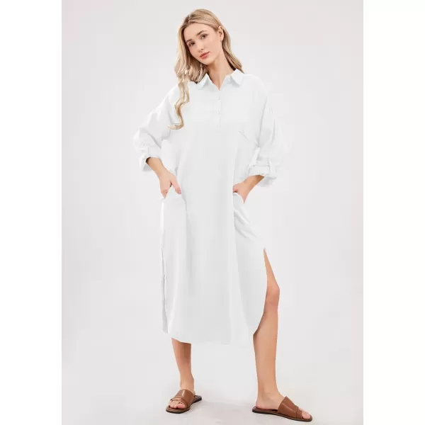 imagechouyatou Womens Spring Summer Cotton Linen Shirt Dress Button Down Casual Loose Maxi Shift DressWhite