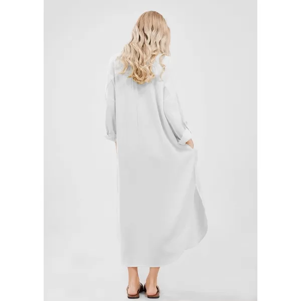 imagechouyatou Womens Spring Summer Cotton Linen Shirt Dress Button Down Casual Loose Maxi Shift DressWhite