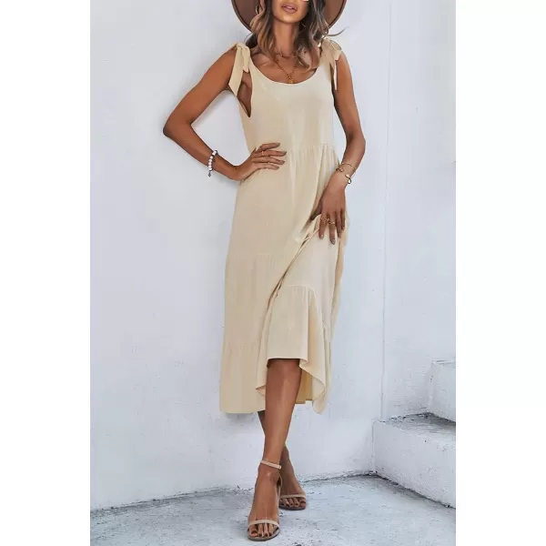 imagechouyatou Womens Summer Adjustable Spaghetti Strap Solid Ruffle Swing Midi DressApricot
