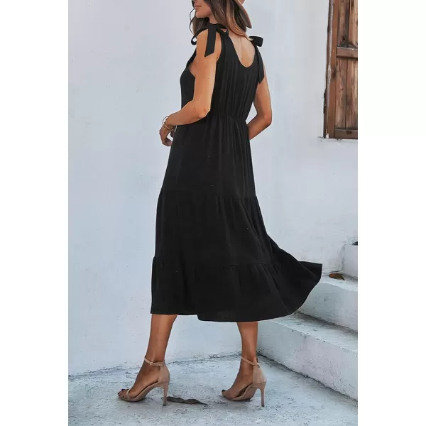 imagechouyatou Womens Summer Adjustable Spaghetti Strap Solid Ruffle Swing Midi DressBlack