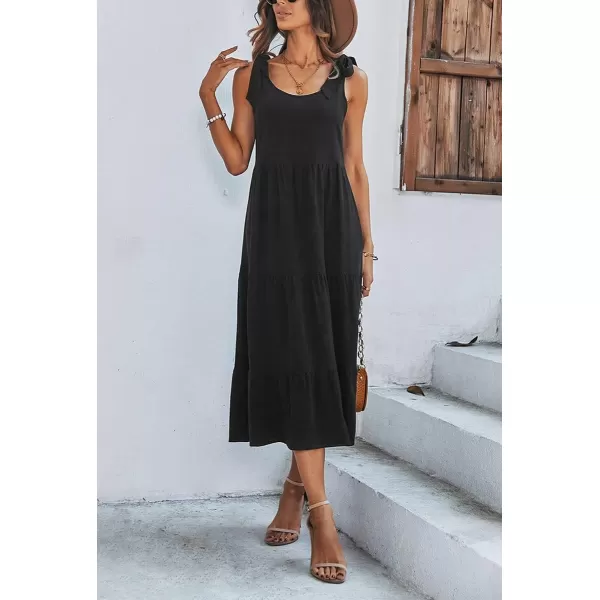 imagechouyatou Womens Summer Adjustable Spaghetti Strap Solid Ruffle Swing Midi DressBlack