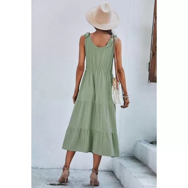imagechouyatou Womens Summer Adjustable Spaghetti Strap Solid Ruffle Swing Midi DressGreen
