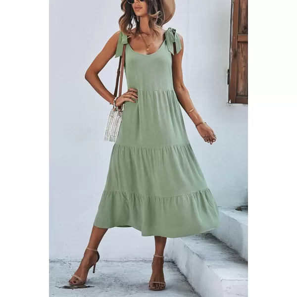 imagechouyatou Womens Summer Adjustable Spaghetti Strap Solid Ruffle Swing Midi DressGreen