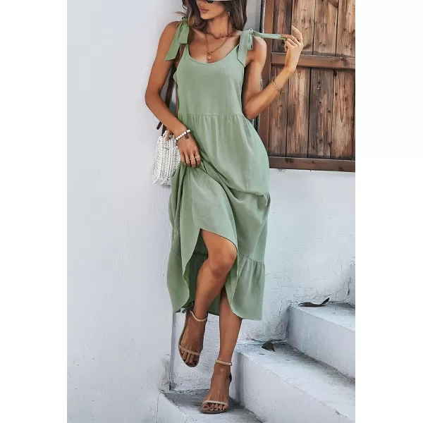 imagechouyatou Womens Summer Adjustable Spaghetti Strap Solid Ruffle Swing Midi DressGreen