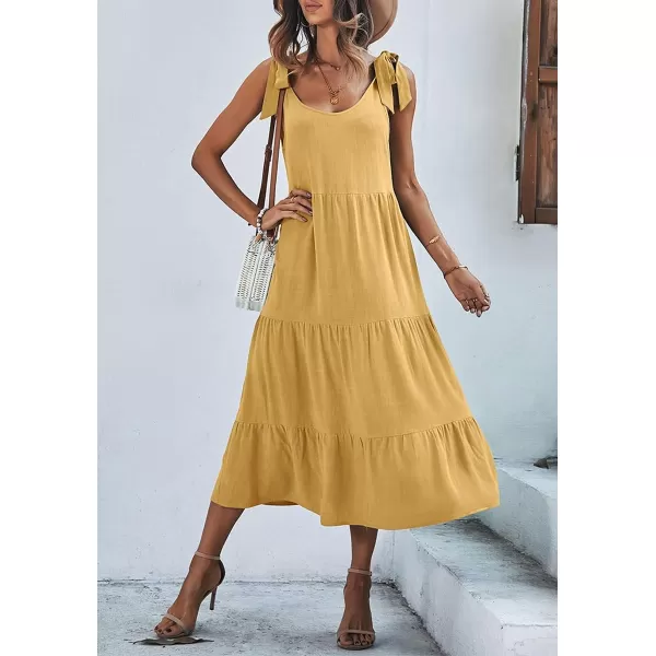 imagechouyatou Womens Summer Adjustable Spaghetti Strap Solid Ruffle Swing Midi DressYellow
