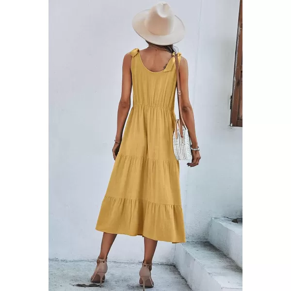 imagechouyatou Womens Summer Adjustable Spaghetti Strap Solid Ruffle Swing Midi DressYellow