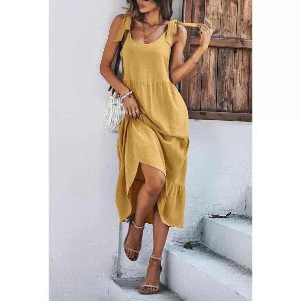 imagechouyatou Womens Summer Adjustable Spaghetti Strap Solid Ruffle Swing Midi DressYellow