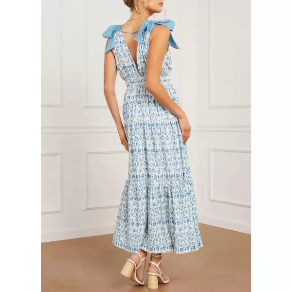 imagechouyatou Womens Summer Boho Floral Print Dress Tie Knot Strap VNeck Swing Maxi Beach DressBlue