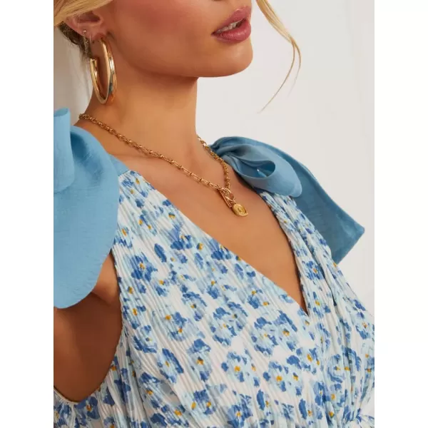 imagechouyatou Womens Summer Boho Floral Print Dress Tie Knot Strap VNeck Swing Maxi Beach DressBlue