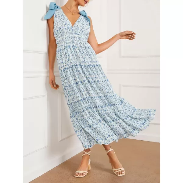 imagechouyatou Womens Summer Boho Floral Print Dress Tie Knot Strap VNeck Swing Maxi Beach DressBlue