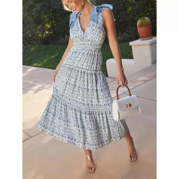 imagechouyatou Womens Summer Boho Floral Print Dress Tie Knot Strap VNeck Swing Maxi Beach DressBlue