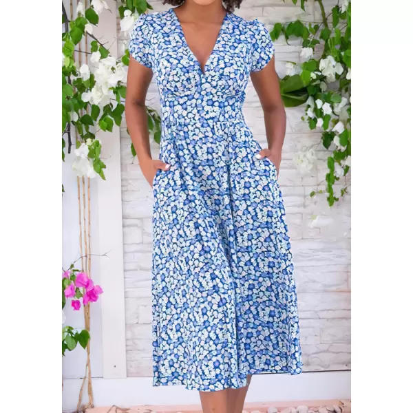 imagechouyatou Womens Summer Boho Floral Print Midi Ditsy Dress Casual VNeck Swing Vacation Beach DressBlue