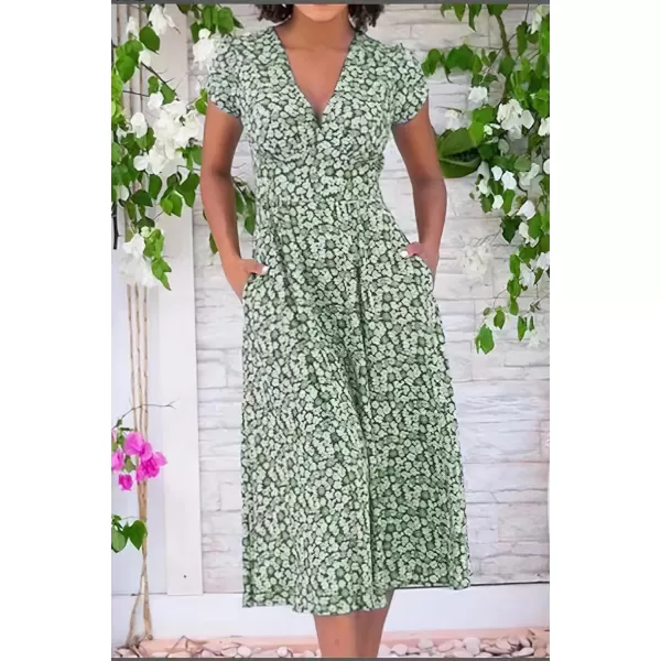 imagechouyatou Womens Summer Boho Floral Print Midi Ditsy Dress Casual VNeck Swing Vacation Beach DressGreen