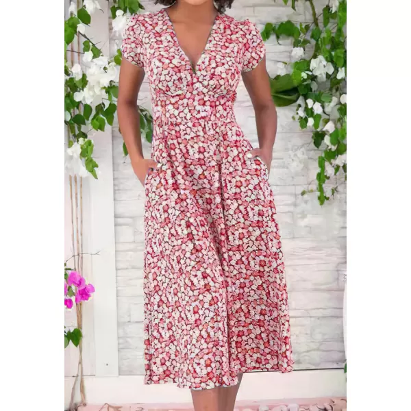 imagechouyatou Womens Summer Boho Floral Print Midi Ditsy Dress Casual VNeck Swing Vacation Beach DressRed