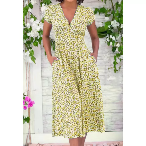 imagechouyatou Womens Summer Boho Floral Print Midi Ditsy Dress Casual VNeck Swing Vacation Beach DressYellow