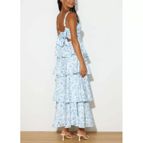 imagechouyatou Womens Summer Boho Floral Print Party Dress Cut Out Tiered Maxi Beach DressBlue