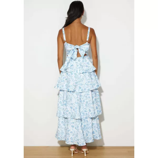 imagechouyatou Womens Summer Boho Floral Print Party Dress Cut Out Tiered Maxi Beach DressBlue
